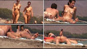 Nude chick bends over on the beach
